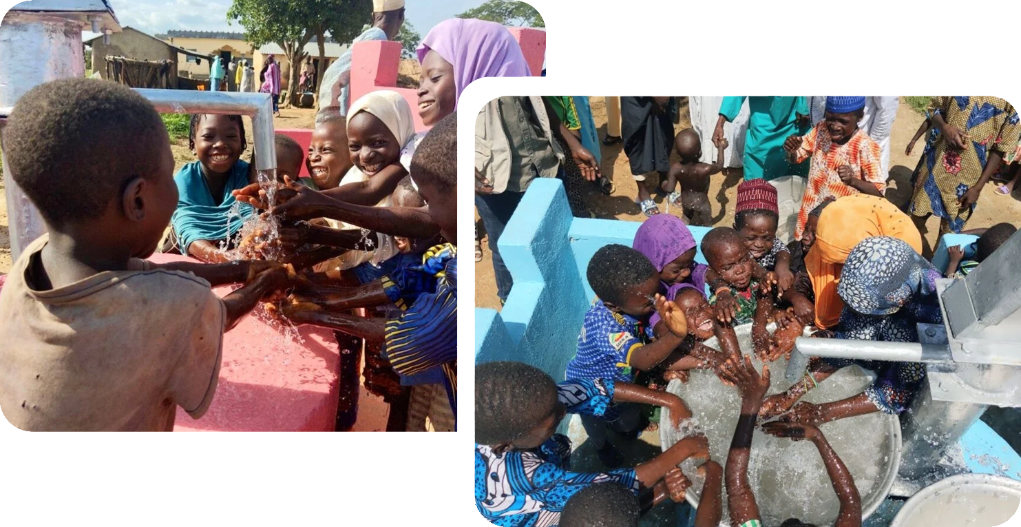 Enfants africains célébrant l'accès à l'eau potable grâce à un nouveau puits communautaire.
